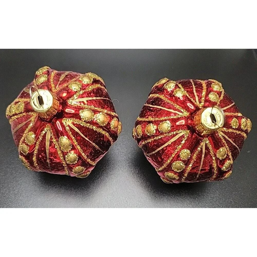 Vtg Czech Republic Blown Glass Crown Christmas Ornaments Red Gold Set of 2 EUC